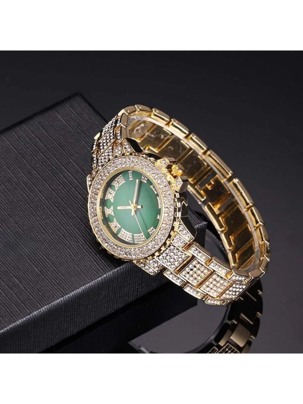 Women's Gold Green Interior Full Diamond Bling Rhinestone Quartz Crystal Watches